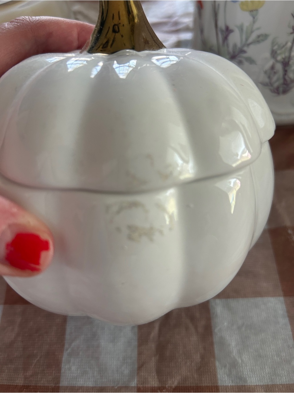 Ceramic White Pumpkin Trinket Bowl with Gold Stem - Picture 3 of 5